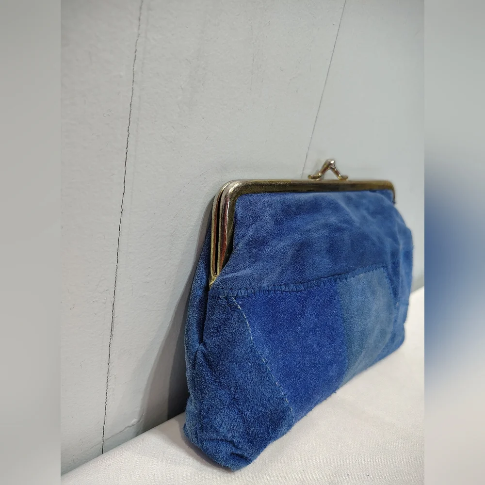 Vintage Blue Patchwork Kiss Lock Clutch Boho Coin Purse Retro Frame Pouch‎